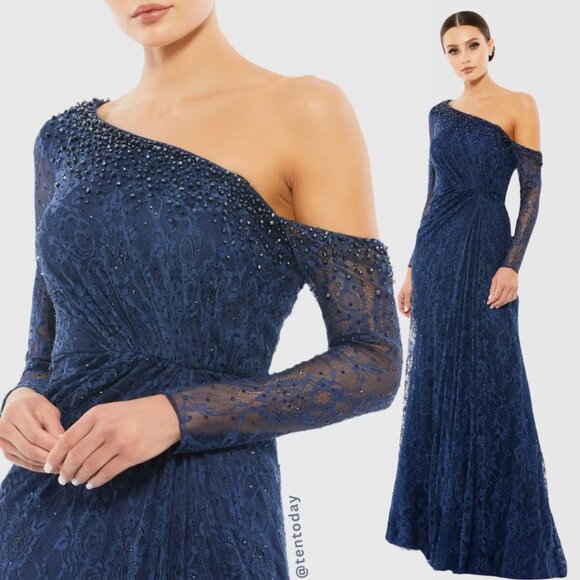 Mac Duggal Size 4 Navy Blue Jeweled Lace Drop Shoulder Long Maxi Gown Dress - Picture 1 of 4